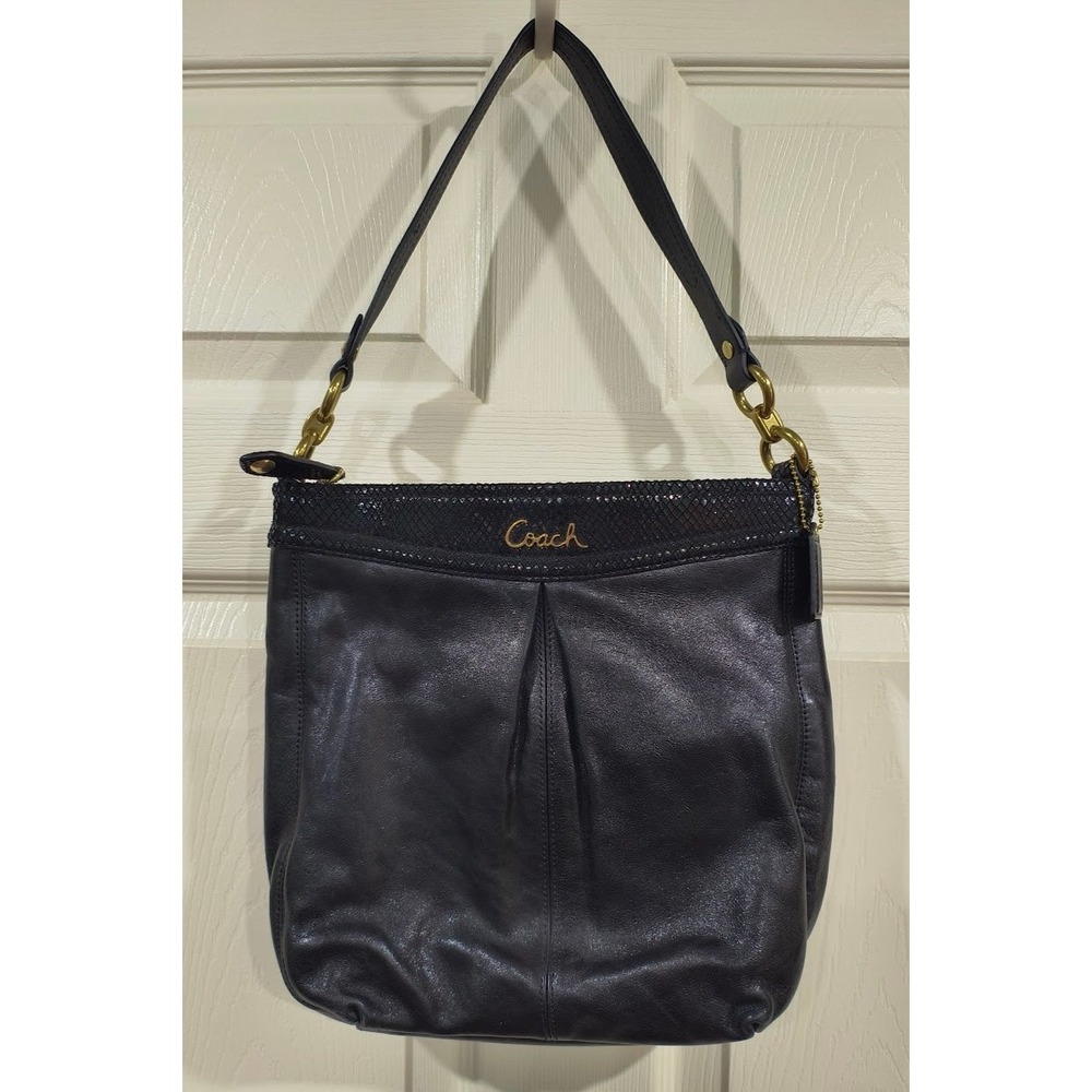 Coach Black Ashley Leather Snakeskin Trim Hobo Bag F1260-F20114 Gold Hardware
